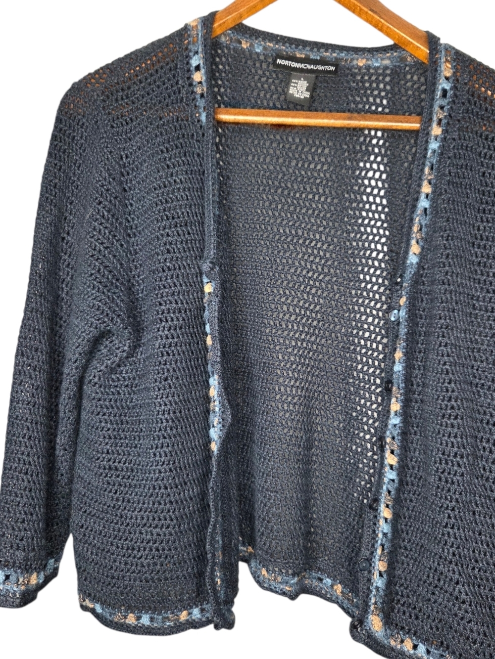 Norton McNaughton Navy Open-Weave Cardigan with Multicolor Trim Size LARGE